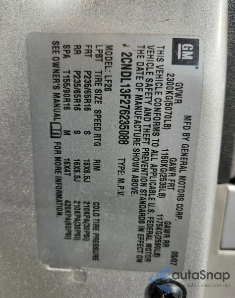 2007 Chevrolet Equinox Ls from USA, damaged, VIN 2CNDL13F276235088